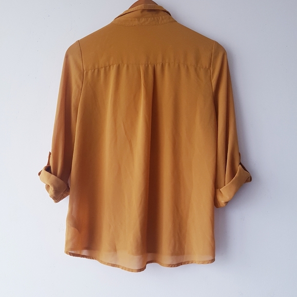 OLIVE & OAK Yellow Collar Neck Front Button Sheer Blouse Top - Picture 9 of 9